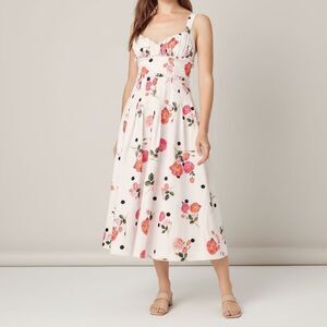 For Love & Lemons Floral Polka Dot Sweetheart Ruched Midi Dress Size M